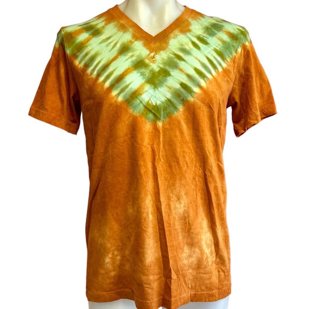 Unisex V-Neck T-Shirt Size Large Handmade Tie Dye Orange Green OOAK Brand New